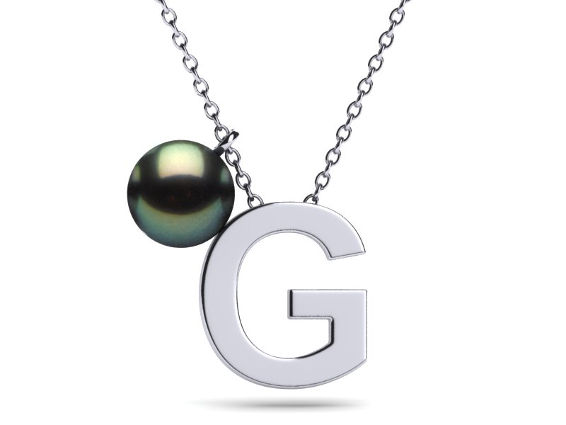 14k White Gold Black Green Tahitian Pearl Letter G Necklace