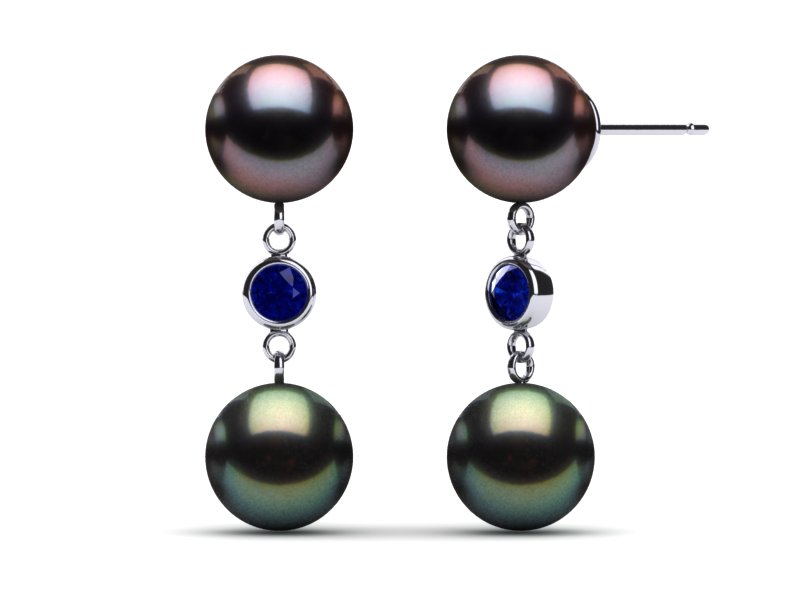 Tahitian Aubergine & Black Green Swinging Earring with Blue Sapphires