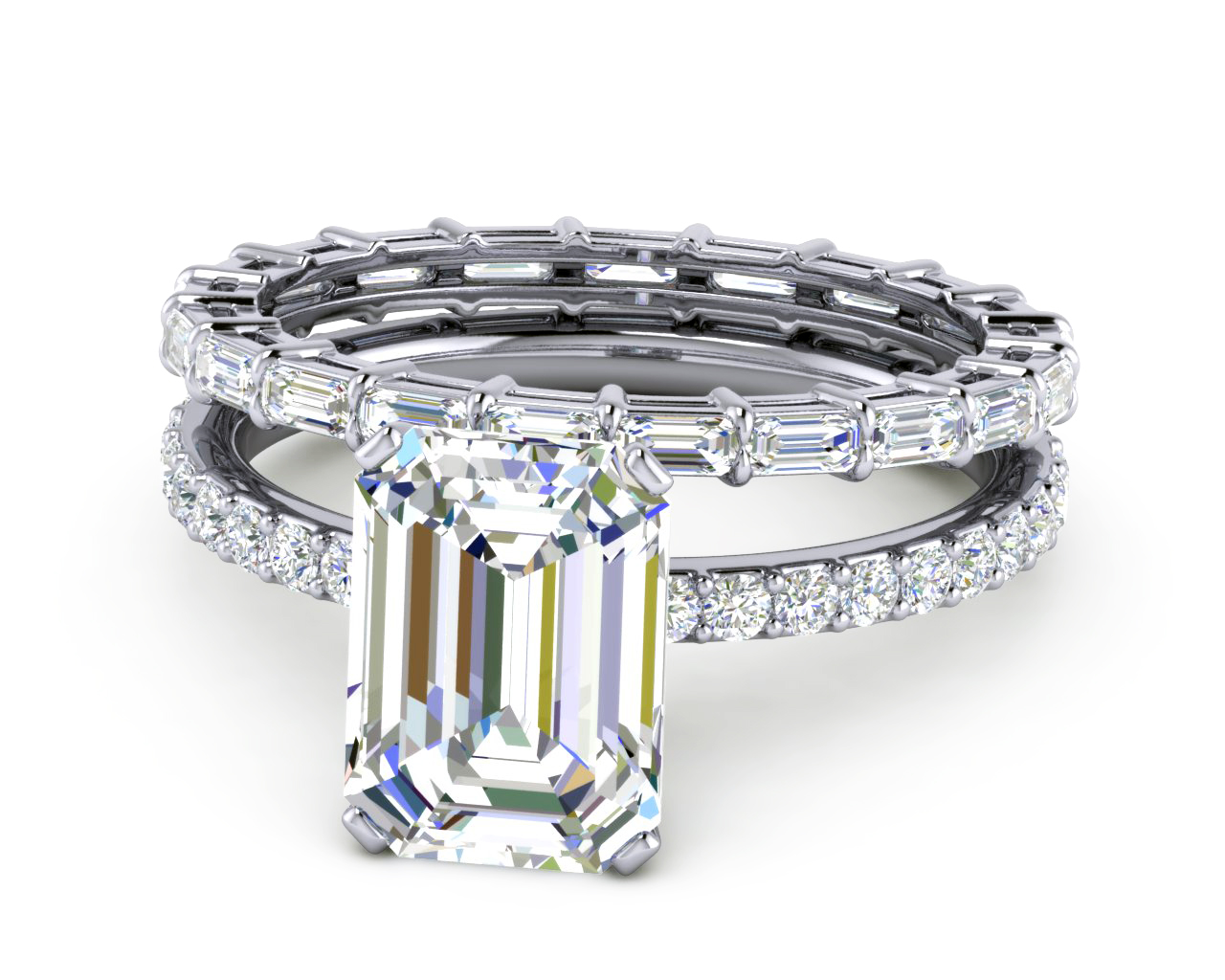 Emerald Cut Petite Cathedral Diamond Wedding Ring Set In 18k White Gold Fascinating Diamonds